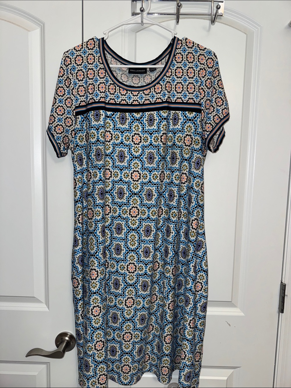 Nina Leonard Blue and Pink Geometric Midi Dress